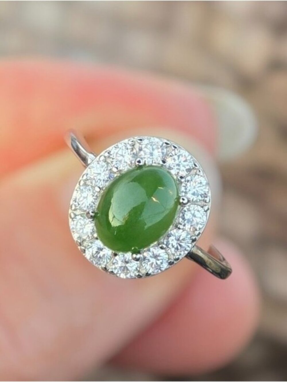 925 Sterling Silver Ring with Natural Jade 6x9mm Gem & Cz